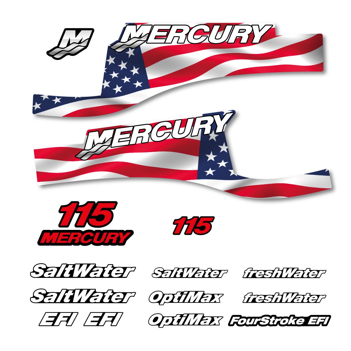 Mercury 115 US Flag FS Optimax Saltwater 1999-2004 outboard decal sticker set replacement decal set