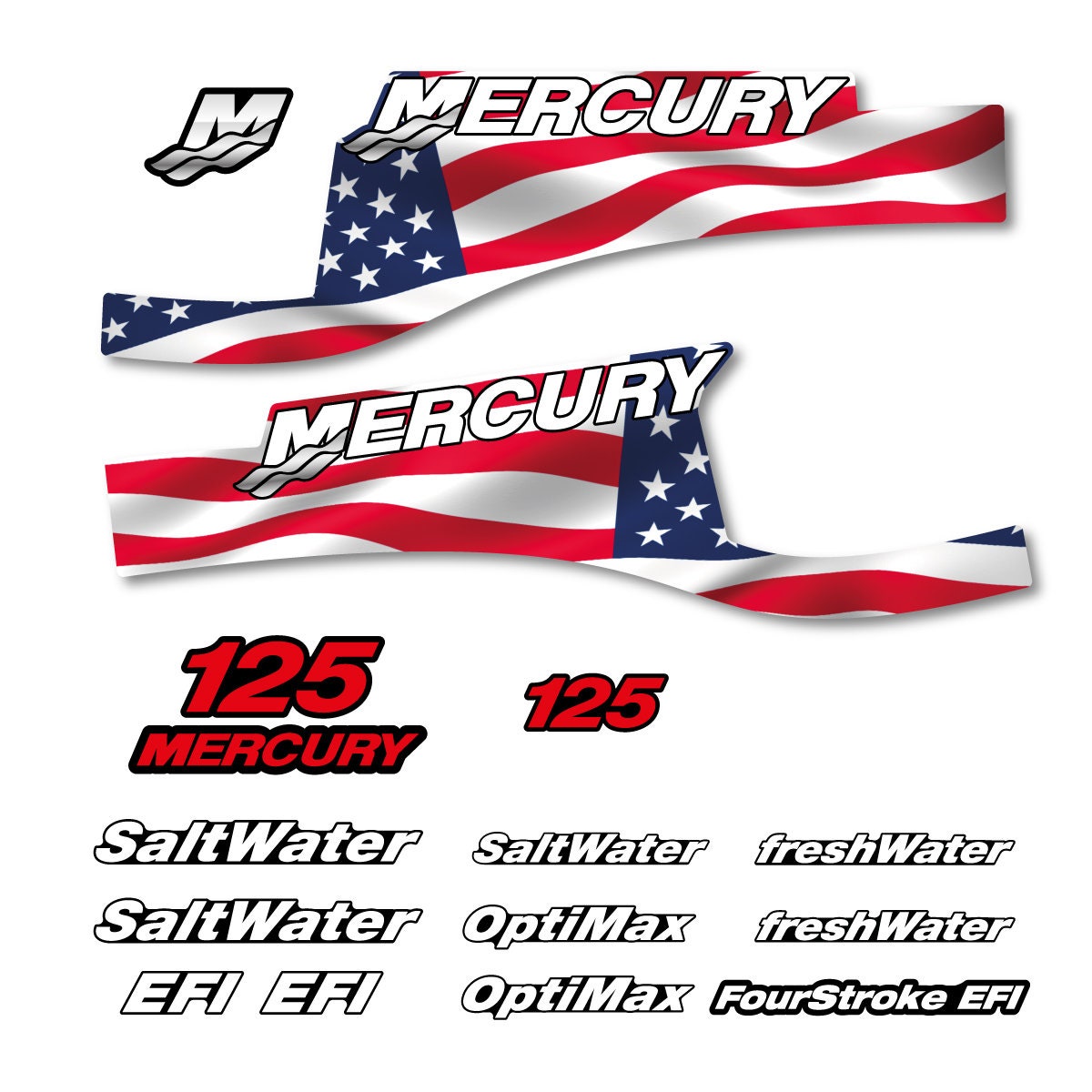 Mercury 125 US Flag FS Optimax Saltwater 1999-2004 outboard decal sticker set replacement decal set
