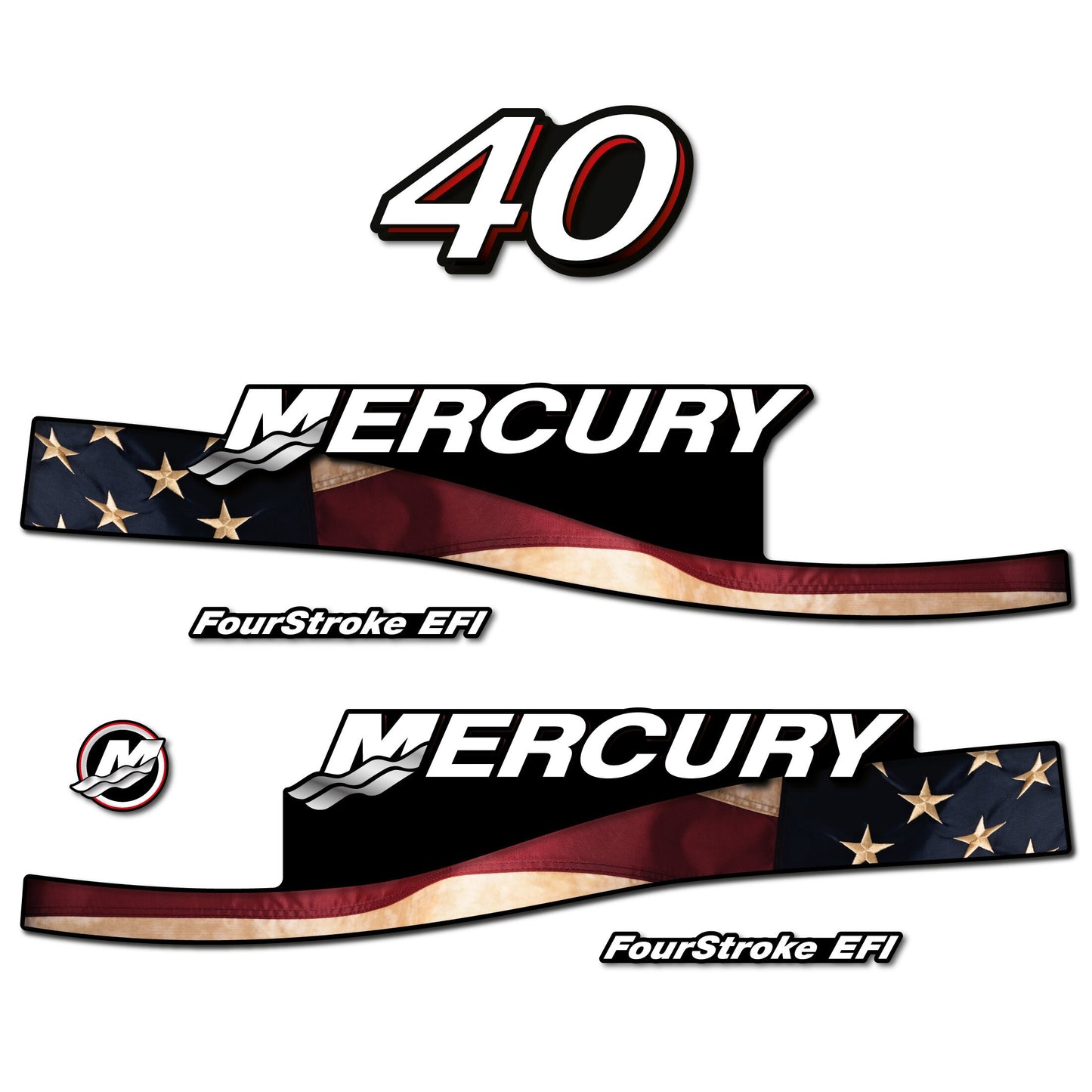 Mercury 40 Four Stroke EFI 2005-2007 Red / Vintage / US2 Flag / Cameo outboard decal sticker set