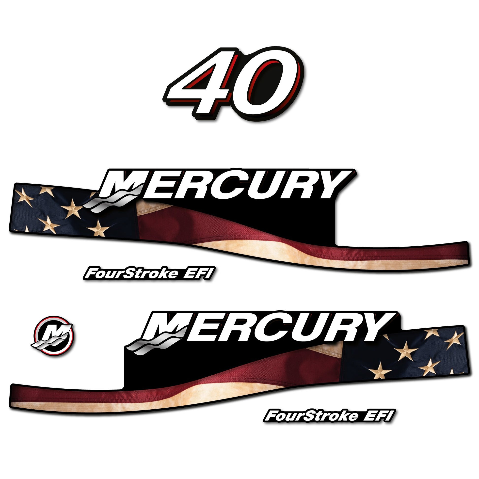 Mercury 40 Four Stroke EFI 2005-2007 Red / Vintage / US2 Flag / Cameo outboard decal sticker set