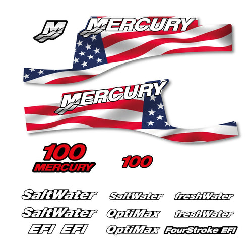 Mercury 100 FS US Flag X-Full2 / Cameo Gray Optimax Saltwater 1999-2004 outboard decal sticker set - Primary color: US Flag,Cameo Gray