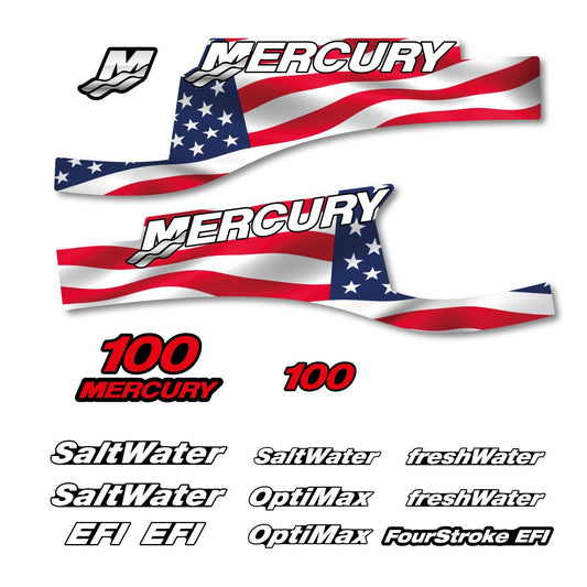 Mercury 100 FS US Flag X-Full2 / Cameo Gray Optimax Saltwater 1999-2004 outboard decal sticker set - Primary color: US Flag,Cameo Gray
