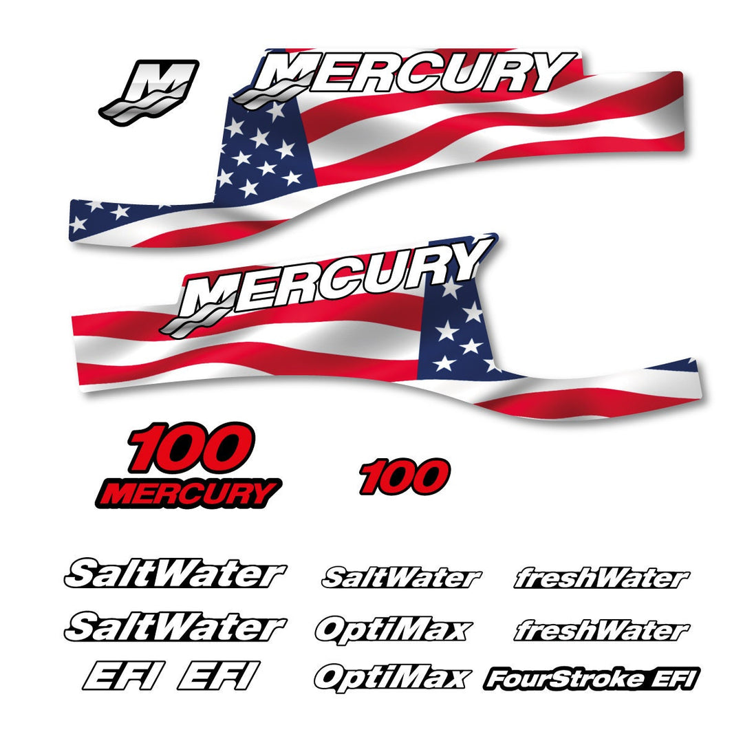Mercury 100 US Flag FS Optimax Saltwater 1999-2004 outboard decal sticker set replacement decal set