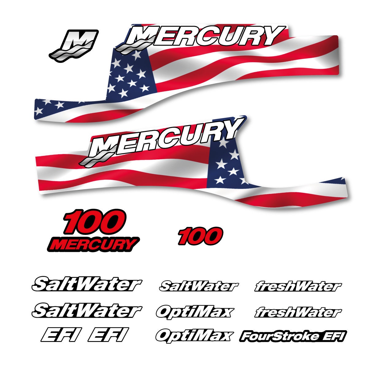 Mercury 100 US Flag FS Optimax Saltwater 1999-2004 outboard decal sticker set replacement decal set