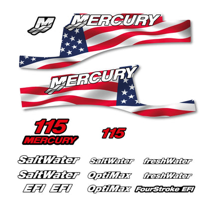 Mercury 115 FS US Flag X-Full2 / Cameo Gray Optimax Saltwater 1999-2004 outboard decal sticker set - Primary color: US Flag,Cameo Gray