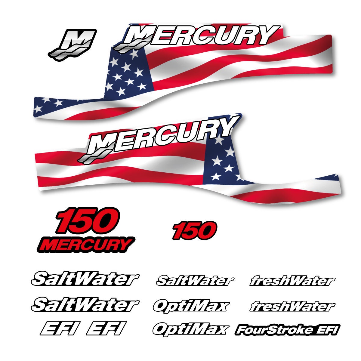 Mercury 150 FS US Flag X-Full2 / Cameo Optimax Saltwater 1999-2004 outboard decal sticker set - Primary color: US Flag,Comuflage