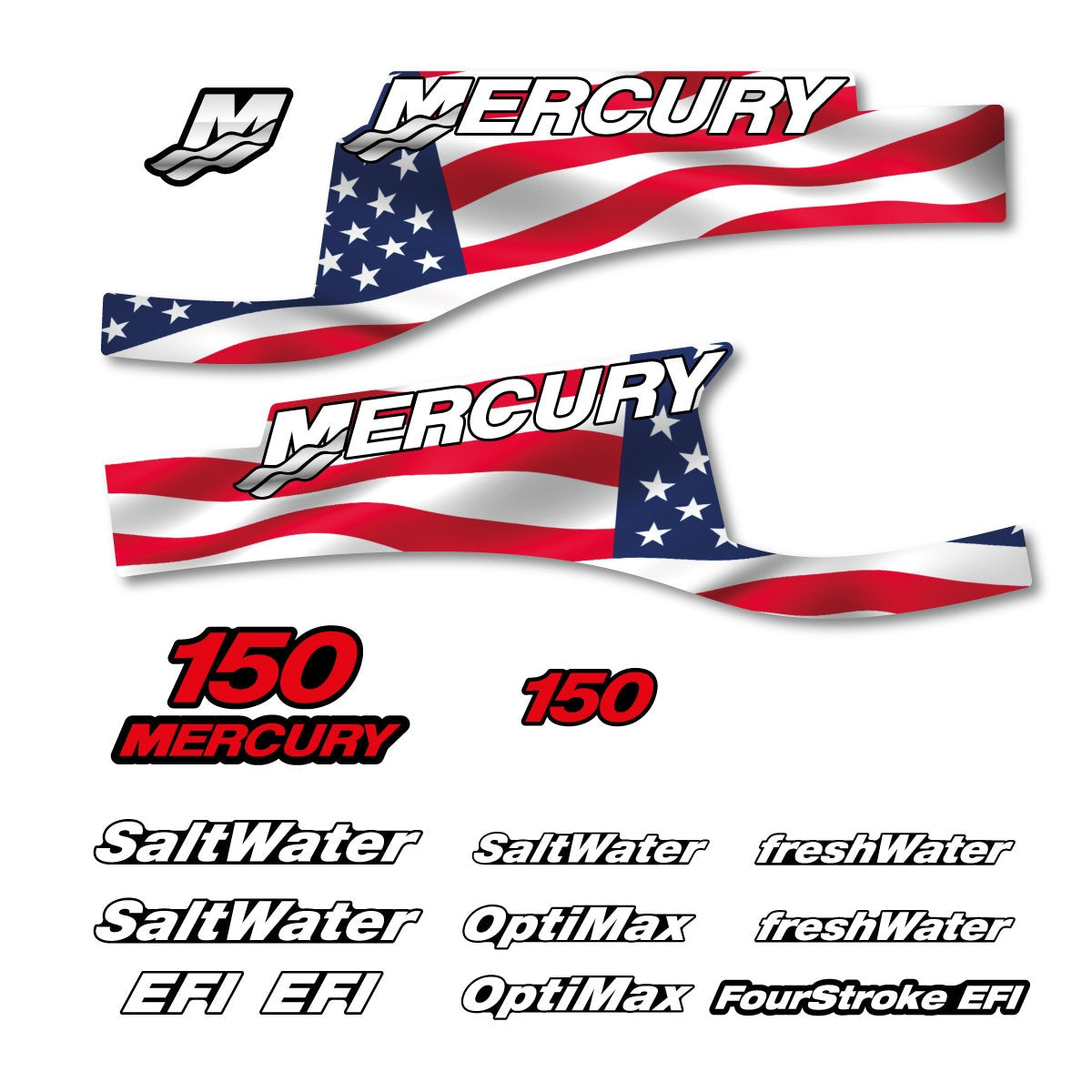 Mercury 150 US Flag FS Optimax Saltwater 1999-2004 outboard decal sticker set replacement decal set