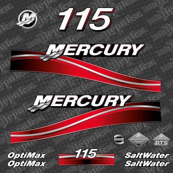 Mercury 115 Saltwater Optimax 2005-2007 outboard decal sticker set - Primary color: Red,Blue