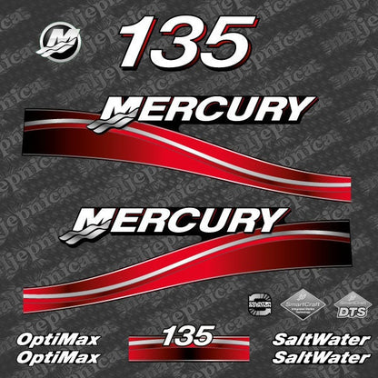 Mercury 135 Saltwater Optimax 2005-2007 outboard decal sticker set - Primary color: Red,Blue