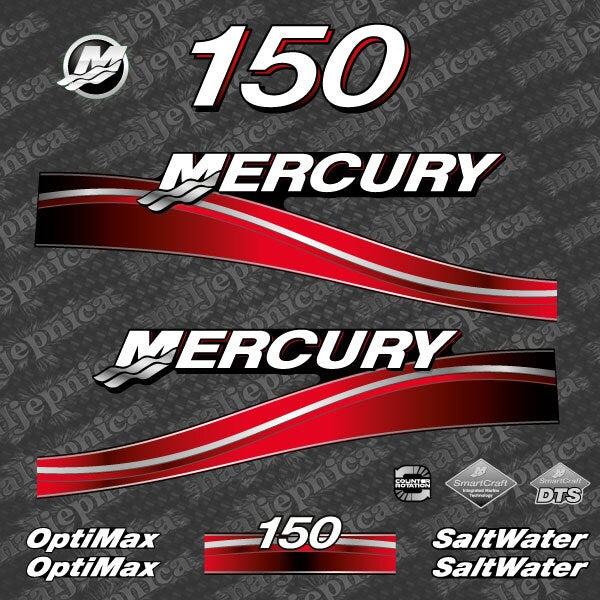 Mercury 150 Saltwater Optimax 2005-2007 outboard decal sticker set - Primary color: Red,Blue