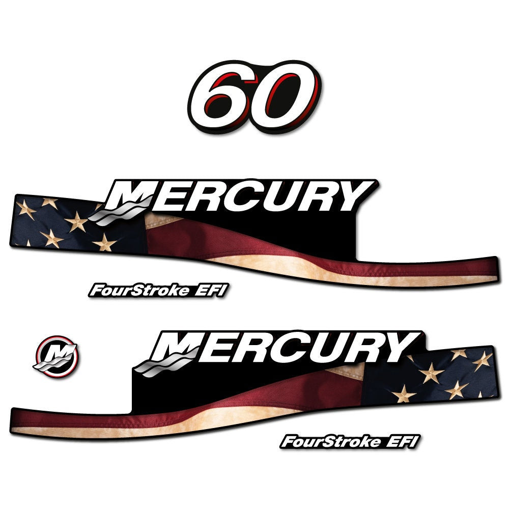 Mercury 60 Four Stroke EFI 2005-2007 Red / US2 Flag / Vintage / Cameo outboard decal sticker set