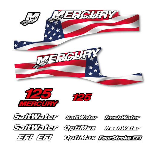 Mercury 125 Four Stroke US Flag X-Full2 / Cameo Gray Optimax Saltwater 1999-2004 outboard decal sticker set - Primary color: US Flag,Cameo Gray
