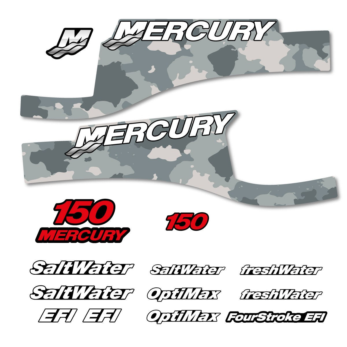 Mercury 150 FS US Flag X-Full2 / Cameo Optimax Saltwater 1999-2004 outboard decal sticker set