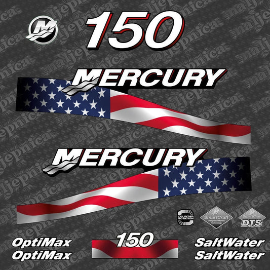 Mercury 150 US Flag Saltwater Optimax 2005-2007 Outboard Decal Sticker / Aufkleber / Adesivo set