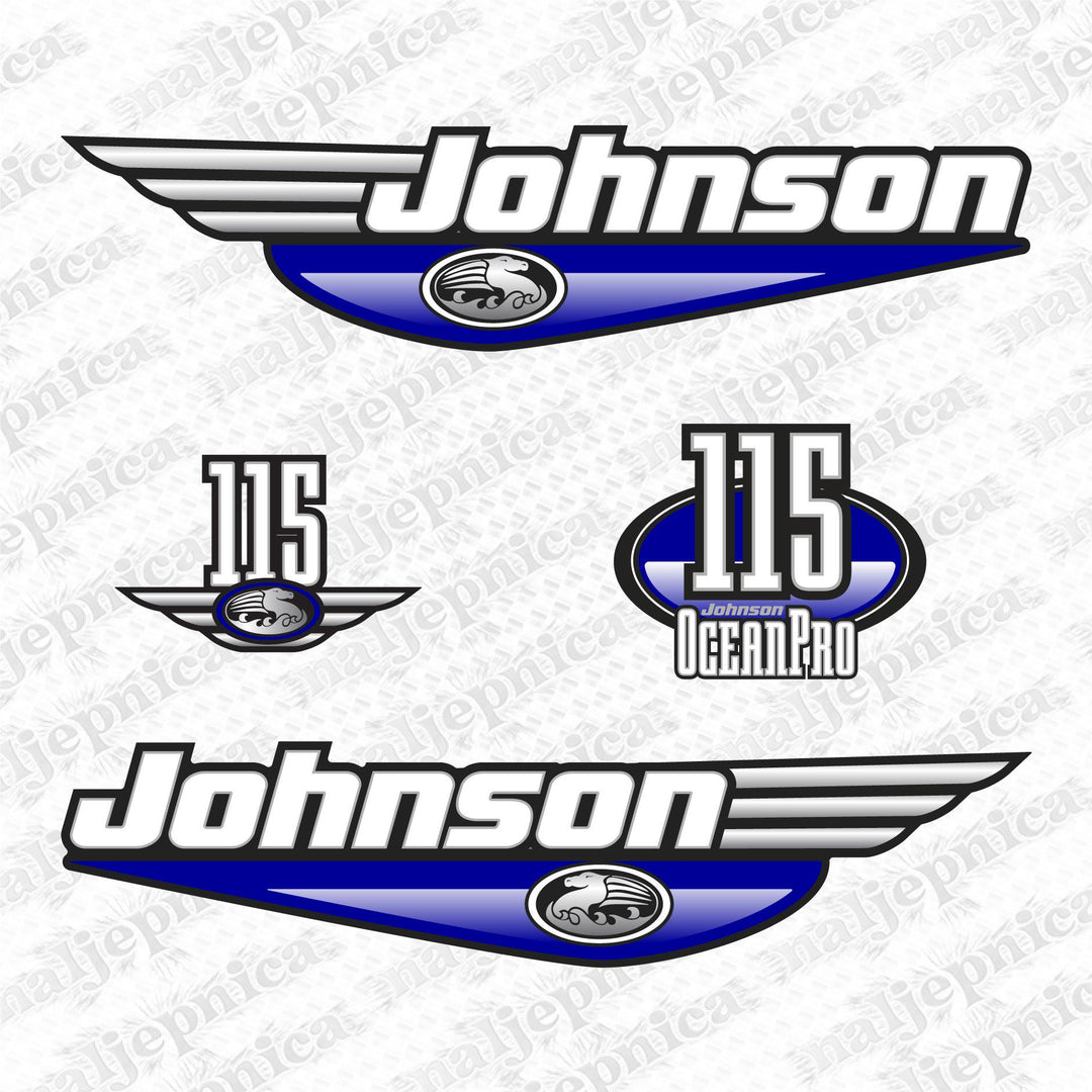 Johnson 115 Ocean Pro Outboard (1992 - 2000) Blue Aftermarket Replacement Decal / aufkleber / adesivo / Sticker Set