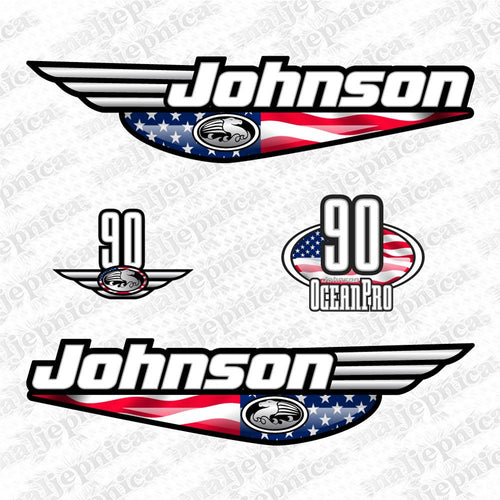 Johnson 90 Ocean Pro Outboard (1992 - 2000) USA Flag Edition Aftermarket Replacement Decal / aufkleber / adesivo / Sticker Set