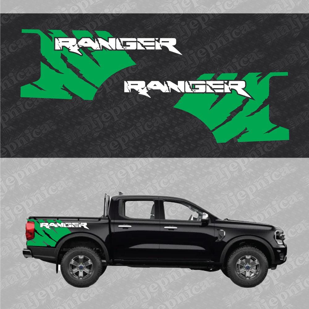 Aftermarket Replacement Decals to fit Ford Ranger FANG Green White for Truck Bed Side 2pcs / Sticker Set