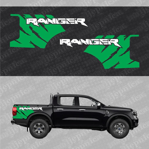 Aftermarket Replacement Decals to fit Ford Ranger FANG Green White for Truck Bed Side 2pcs / Sticker Set