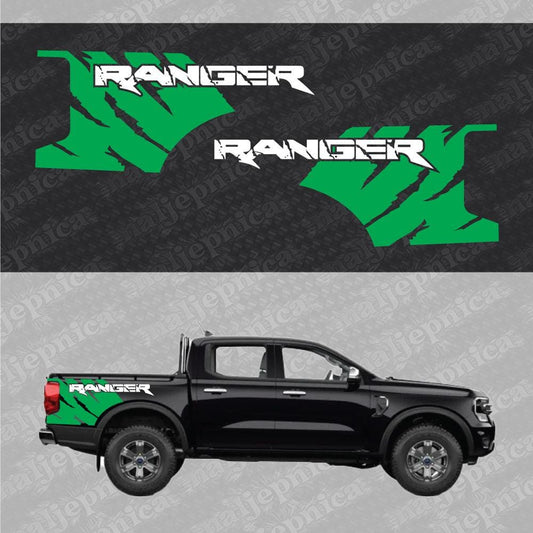 Aftermarket Replacement Decals to fit Ford Ranger FANG Green White for Truck Bed Side 2pcs / Sticker Set