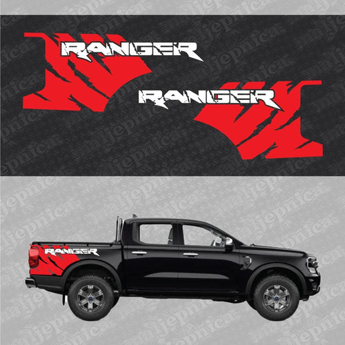 Aftermarket Replacement Decals to fit Ford Ranger FANG Red White for Truck Bed Side 2pcs / Sticker Set