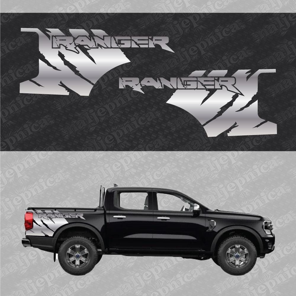 Aftermarket Replacement Decals to fit Ford Ranger FANG Silver for Truck Bed Side 2pcs / Sticker Set