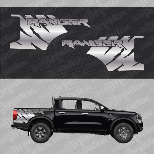 Aftermarket Replacement Decals to fit Ford Ranger FANG Silver for Truck Bed Side 2pcs / Sticker Set