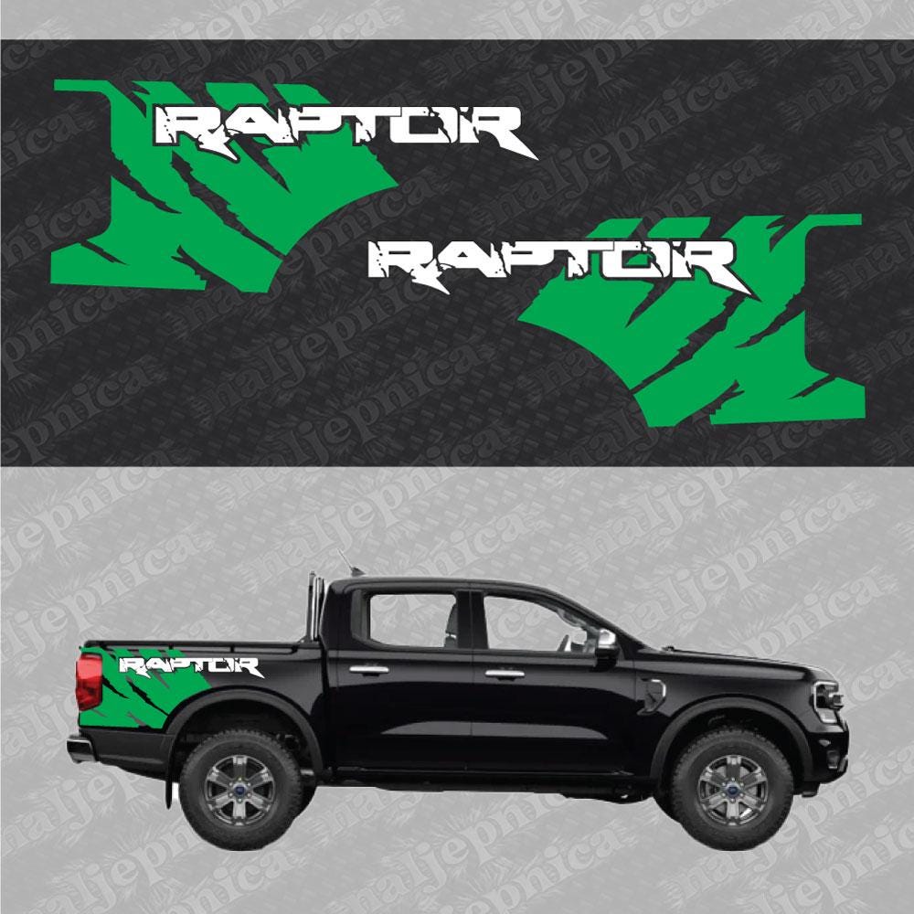 Aftermarket Replacement Decals to fit Ford Raptor FANG Green White for Truck Bed Side 2pcs / Sticker Set