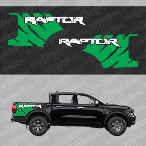 Aftermarket Replacement Decals to fit Ford Raptor FANG Green White for Truck Bed Side 2pcs / Sticker Set