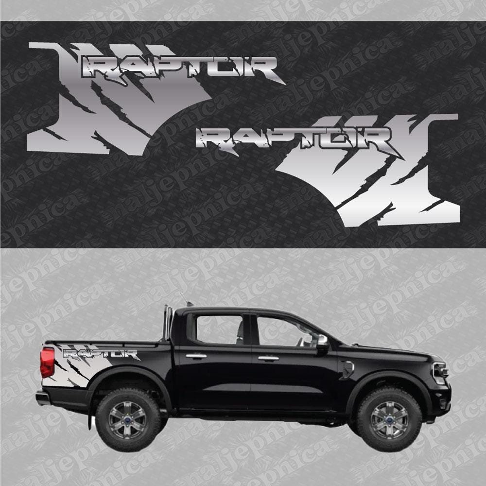 Aftermarket Replacement Decals to fit Ford Raptor FANG Silver for Truck Bed Side 2pcs / Sticker Set