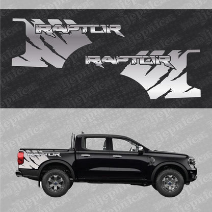 Aftermarket Replacement Decals to fit Ford Raptor FANG Silver for Truck Bed Side 2pcs / Sticker Set