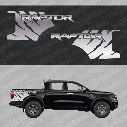 Aftermarket Replacement Decals to fit Ford Raptor FANG Silver for Truck Bed Side 2pcs / Sticker Set