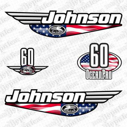 Johnson 60 Ocean Pro Outboard (1992 - 2000) USA Flag Edition Aftermarket Replacement Decal / aufkleber / adesivo / Sticker Set