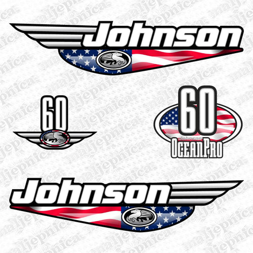 Johnson 60 Ocean Pro Outboard (1992 - 2000) USA Flag Edition Aftermarket Replacement Decal / aufkleber / adesivo / Sticker Set