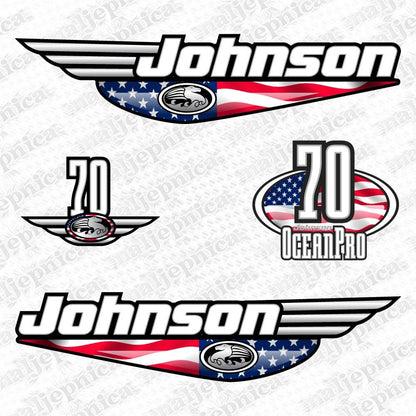 Johnson 70 Ocean Pro Outboard (1992 - 2000) USA Flag Edition Aftermarket Replacement Decal / aufkleber / adesivo / Sticker Set