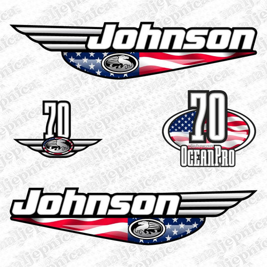Johnson 70 Ocean Pro Outboard (1992 - 2000) USA Flag Edition Aftermarket Replacement Decal / aufkleber / adesivo / Sticker Set
