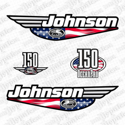 Johnson 150 Ocean Pro Outboard (1992 - 2000) USA Flag Edition Aftermarket Replacement Decal / aufkleber / adesivo / Sticker Set