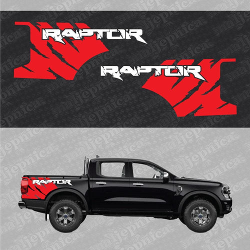 Aftermarket Replacement Decals to fit Ford Raptor FANG Red White for Truck Bed Side 2pcs / Sticker Set