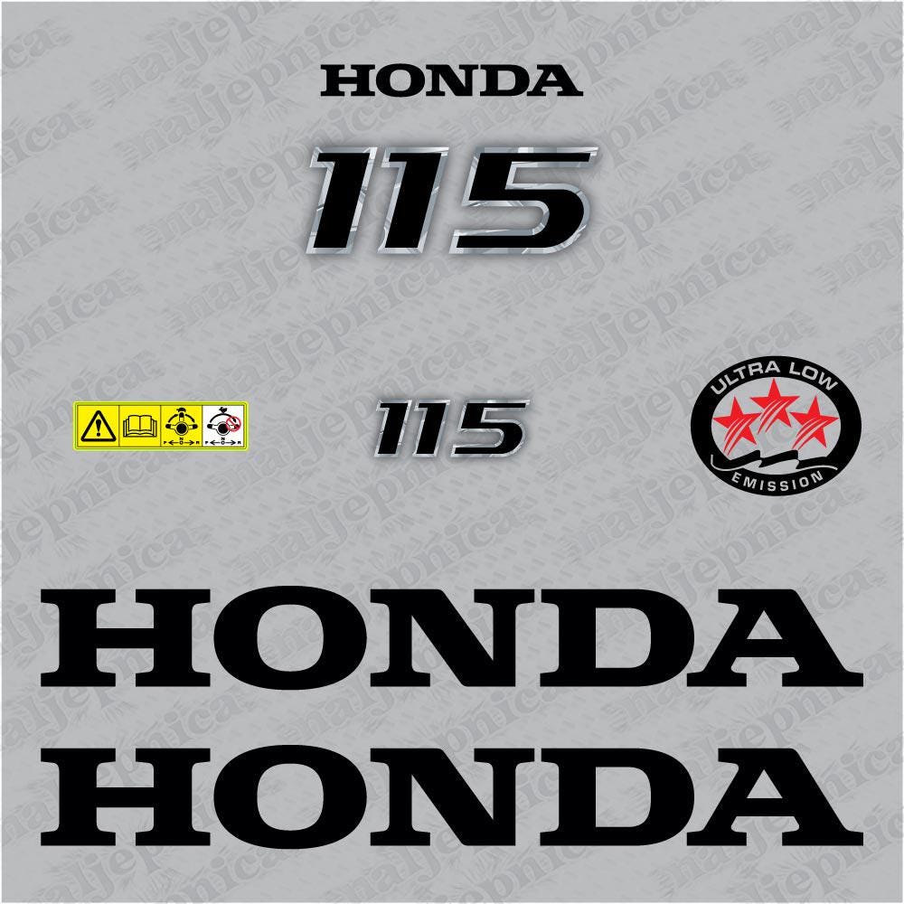 Honda 115 two-stroke outboard decal set design in black and red on grey background