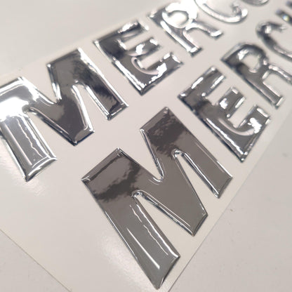 Mercury 3D Raised Chrome Resin Lettering Decal Set / 2 Piece for Outboards / Aftermarket Replacement Reproduction