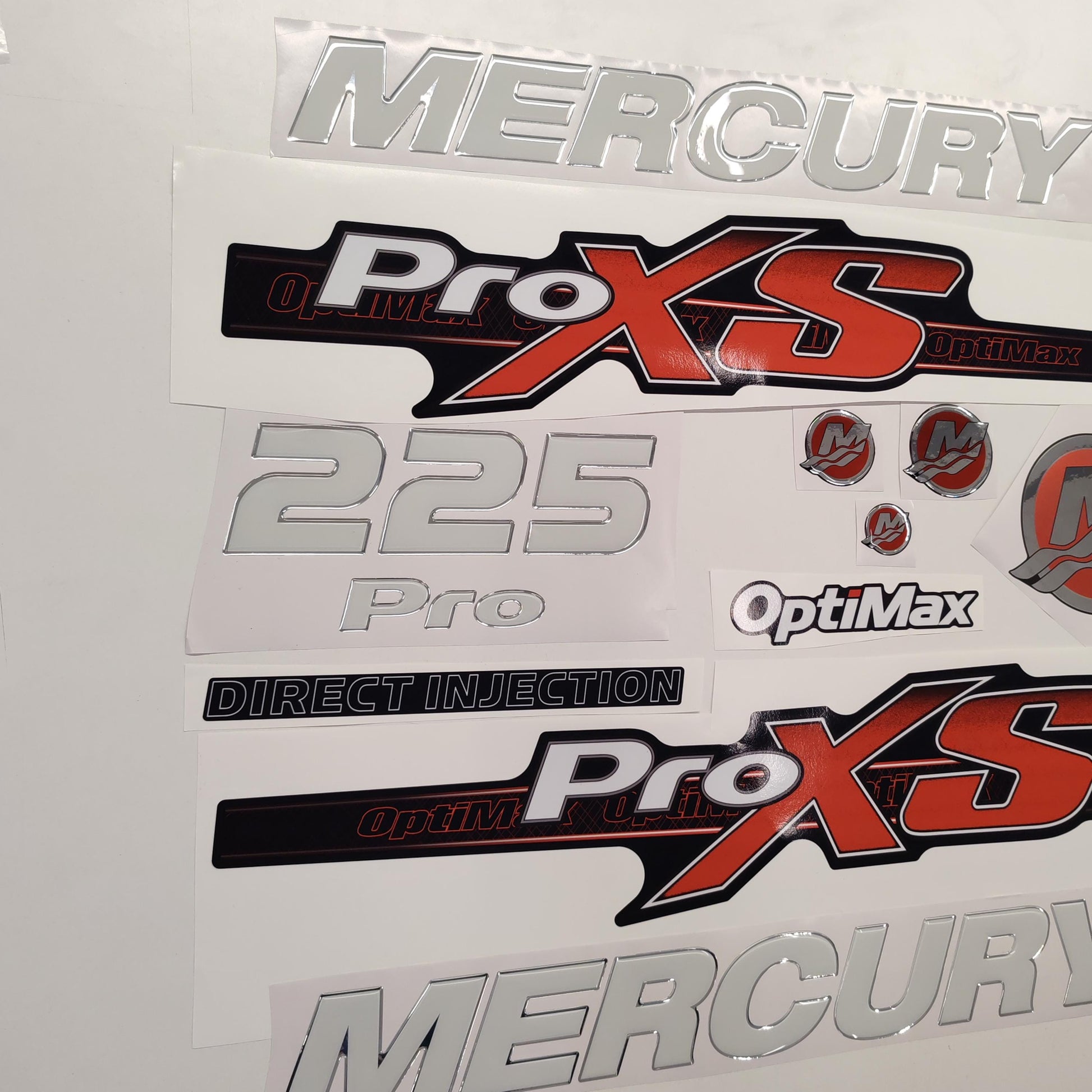 Mercury 225 3D PRO XS Optimax (2012-2017) Domed Aftermarket Replacement Outboard Decal Sticker Resin Set