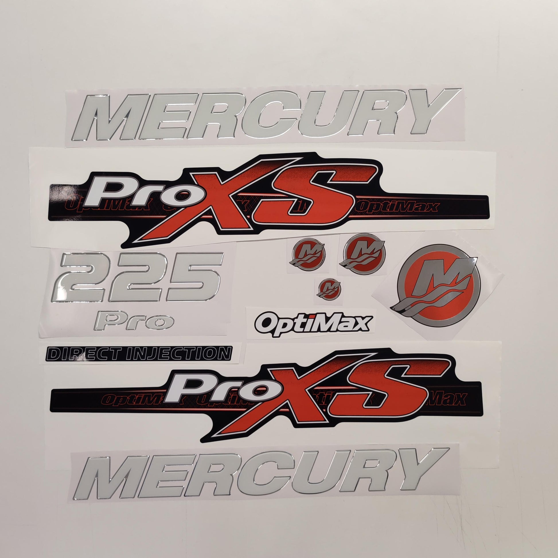 Mercury 225 3D PRO XS Optimax (2012-2017) Domed Aftermarket Replacement Outboard Decal Sticker Resin Set