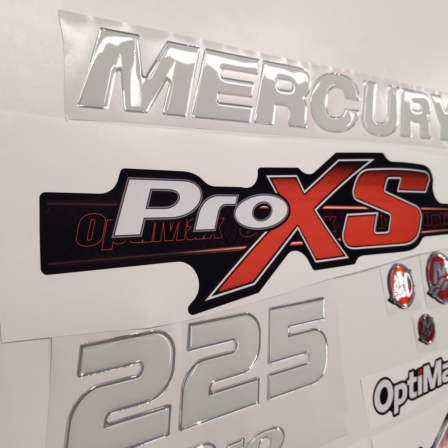 Mercury 225 3D PRO XS Optimax (2012-2017) Domed Aftermarket Replacement Outboard Decal Sticker Resin Set