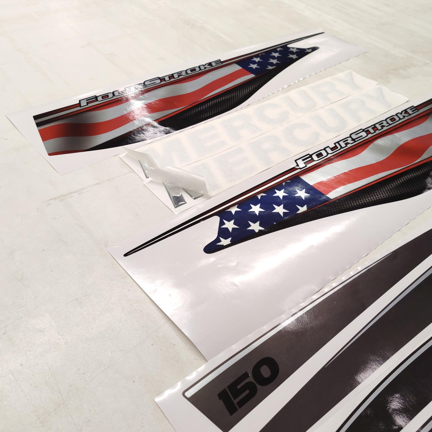 Mercury 150 Four Stroke 2013+ (3D font) US Flag aftermarket replacement outboard decal raised / domed / sticker set