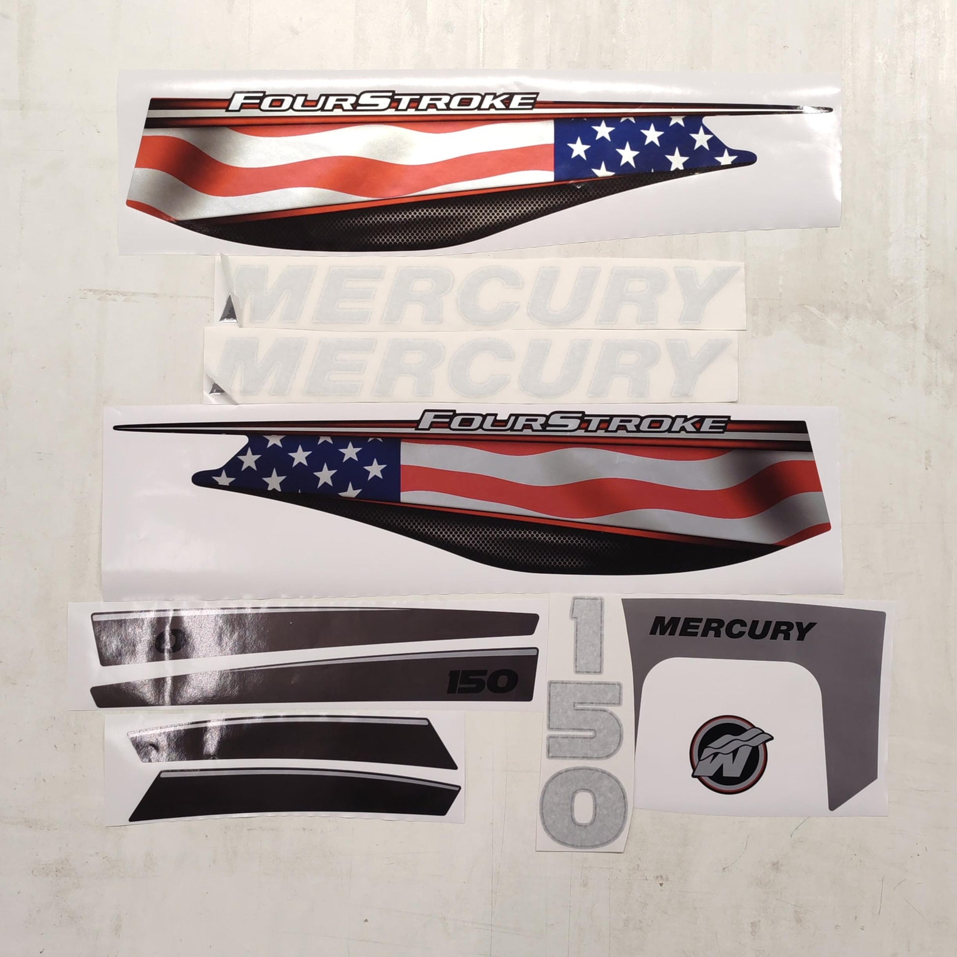 Mercury 150 Four Stroke 2013+ (3D font) US Flag aftermarket replacement outboard decal raised / domed / sticker set