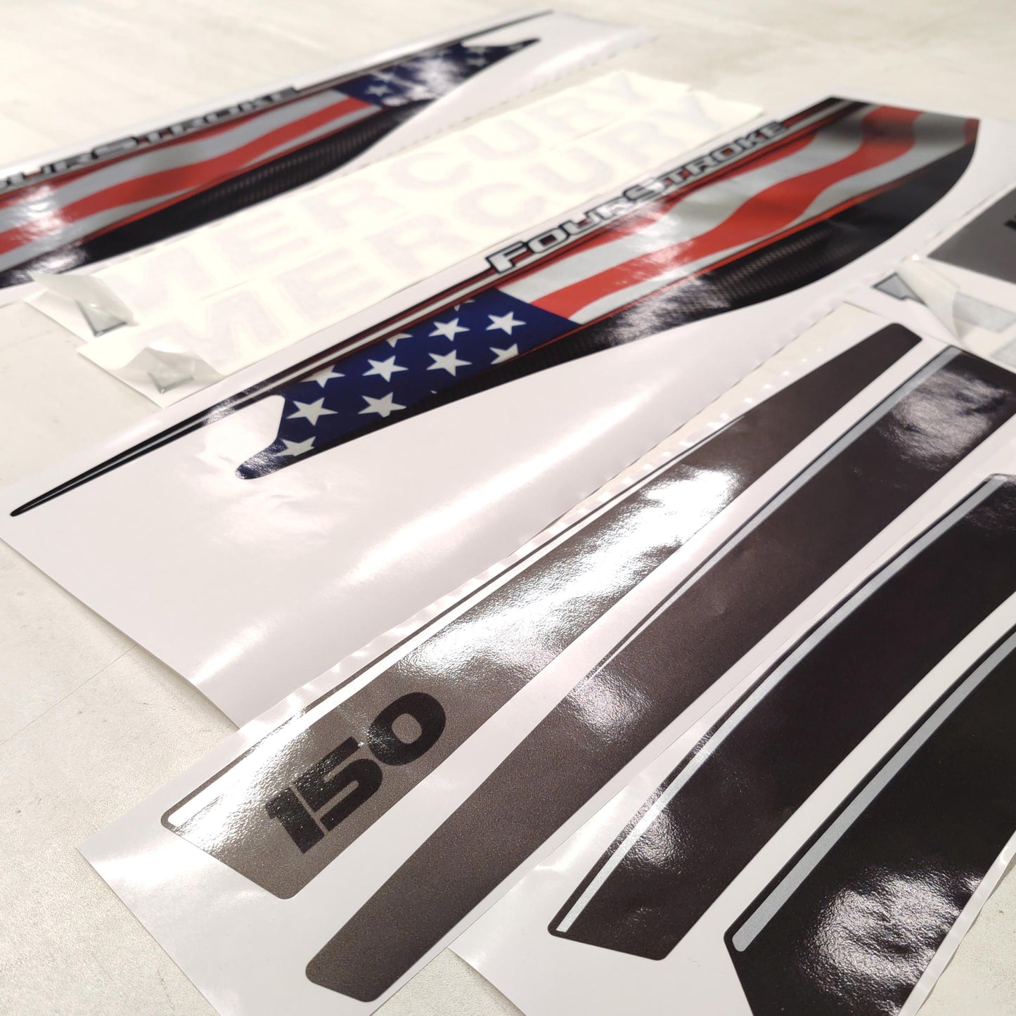 Mercury 150 Four Stroke 2013+ (3D font) US Flag aftermarket replacement outboard decal raised / domed / sticker set